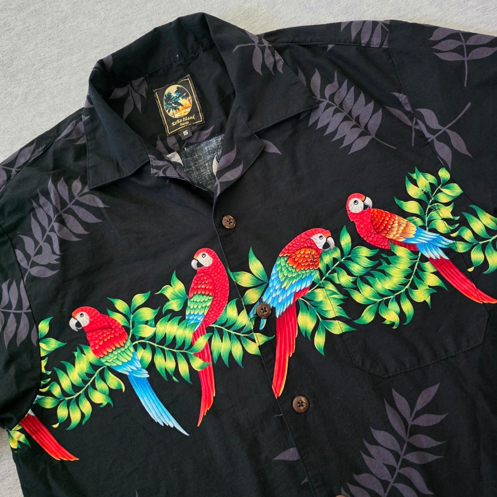 Koko Island Classics Mens Black Tropical Parrot Palm Leaf Hawaiian Shirt Small